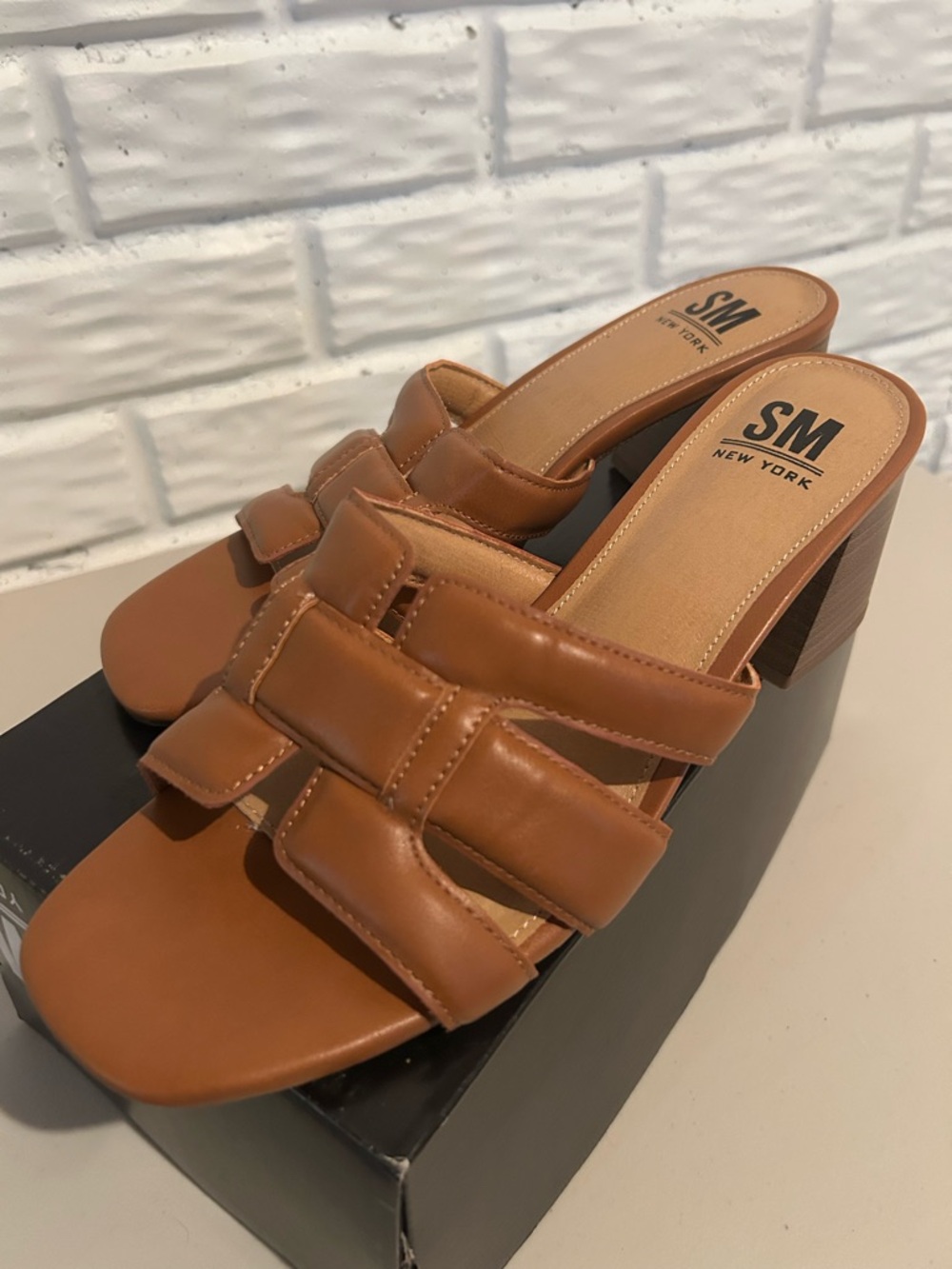 Brand New SM New York Women's Tan Block Heel Slide Sandals Size 8 1/2